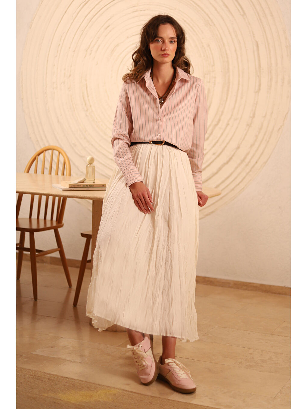 Kraşlı Vual Etek Ekru