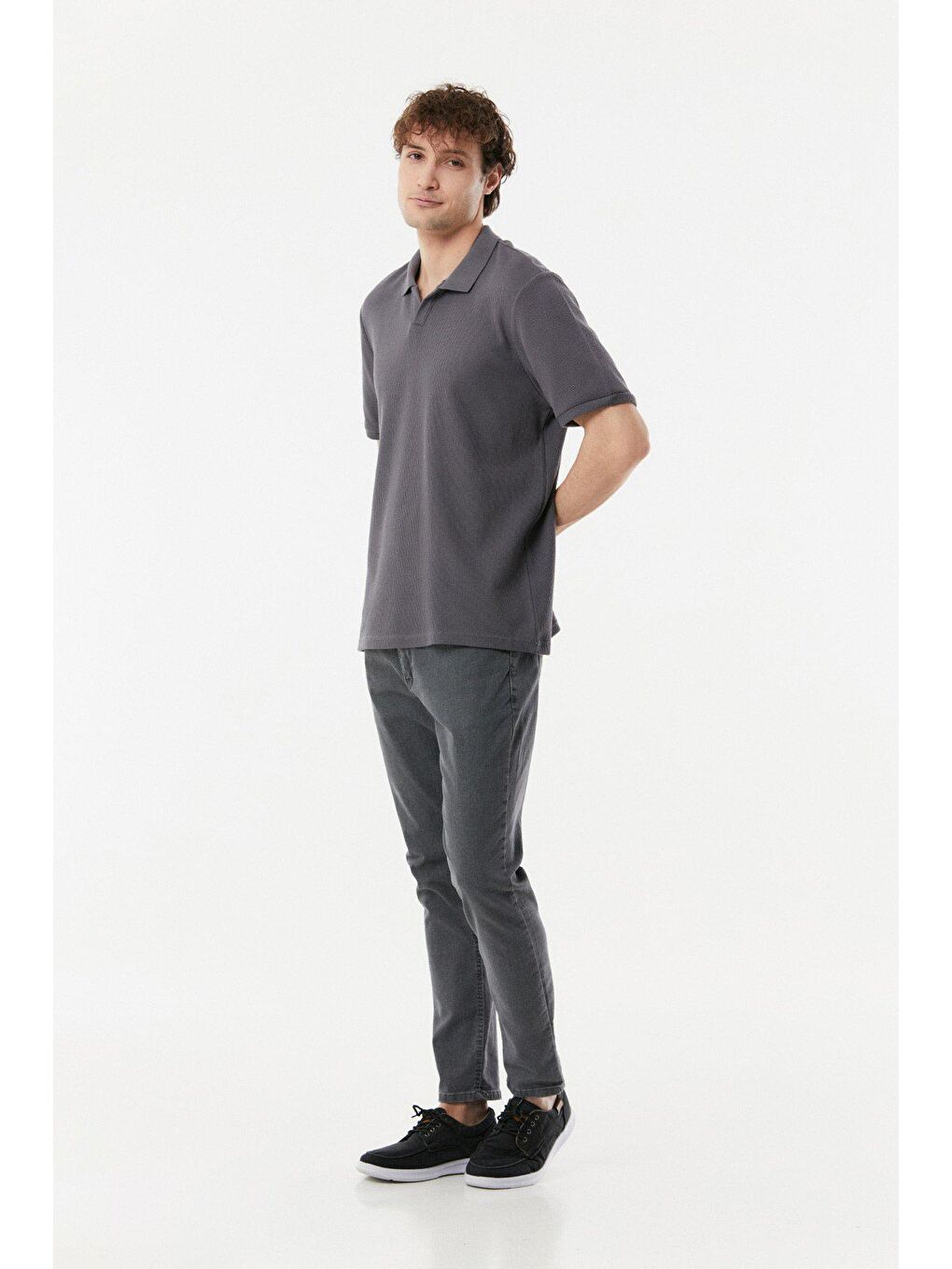 Gri Waffle Polo Yaka Tişört-2