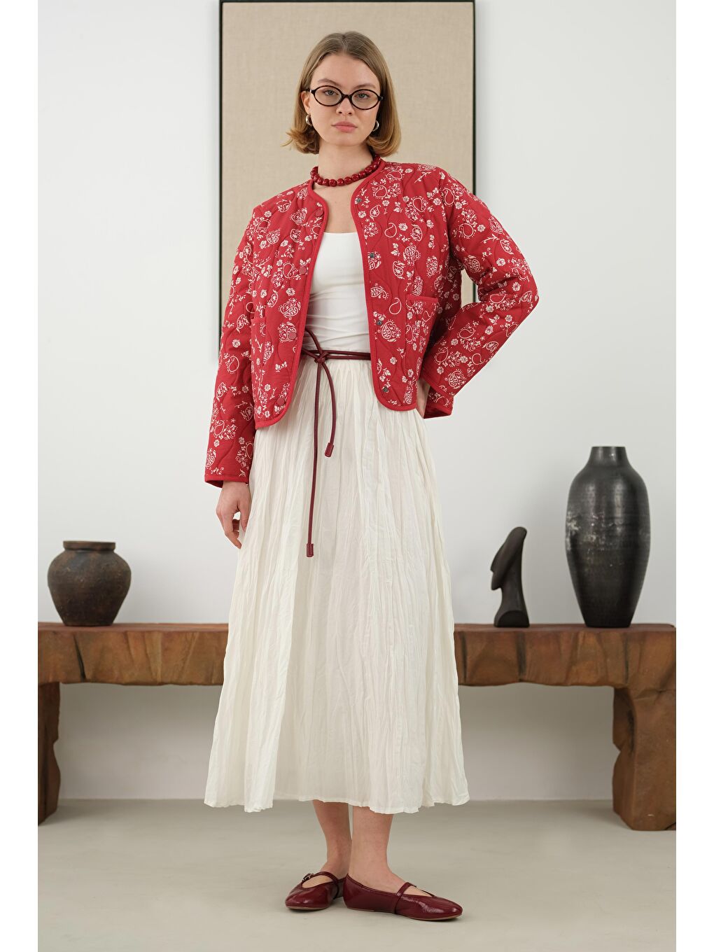 Kraşlı Vual Etek Ekru-1