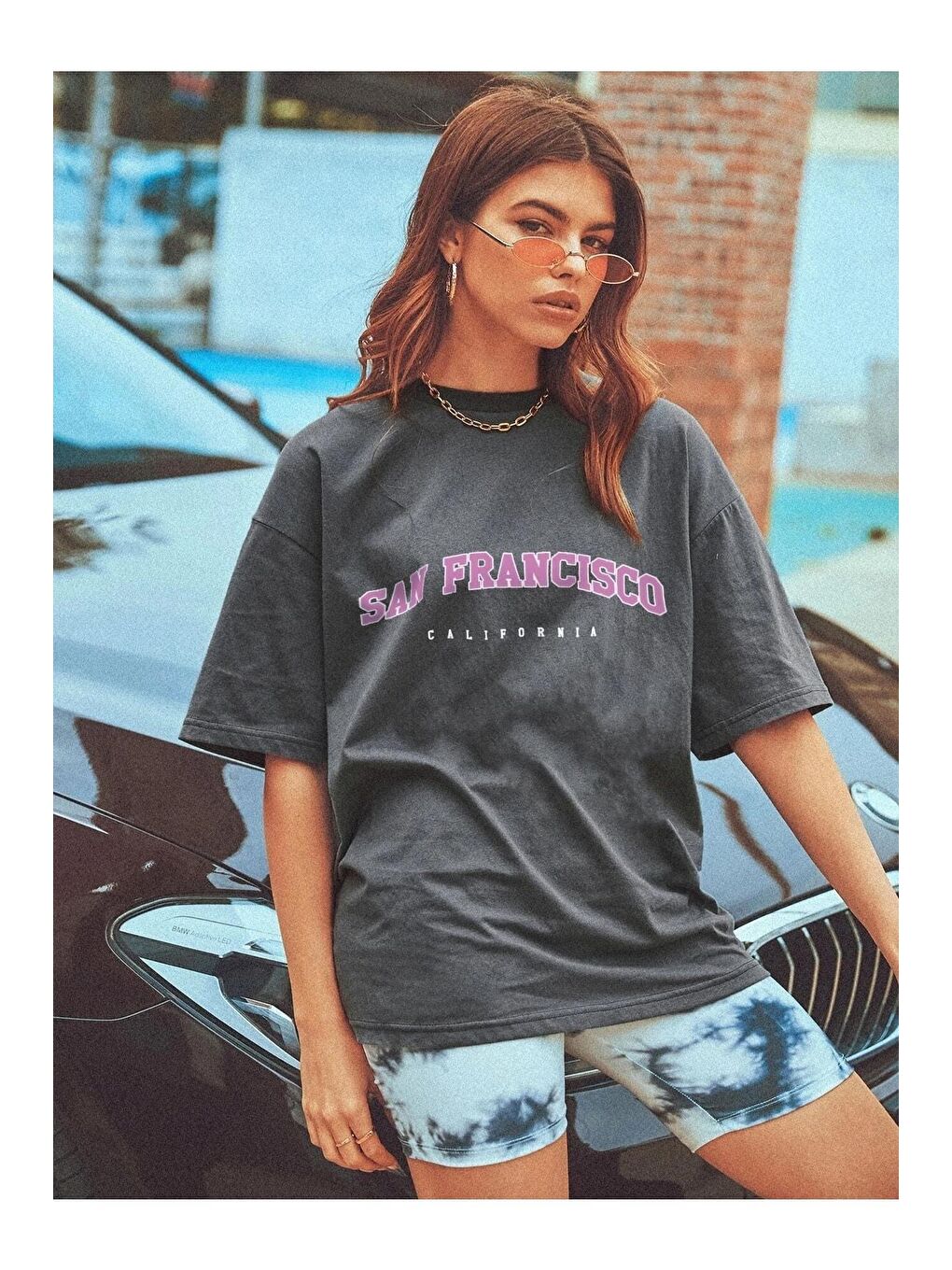 Gri Kadın Füme Filtreli San Francisco Baskılı Oversize Tişört-2