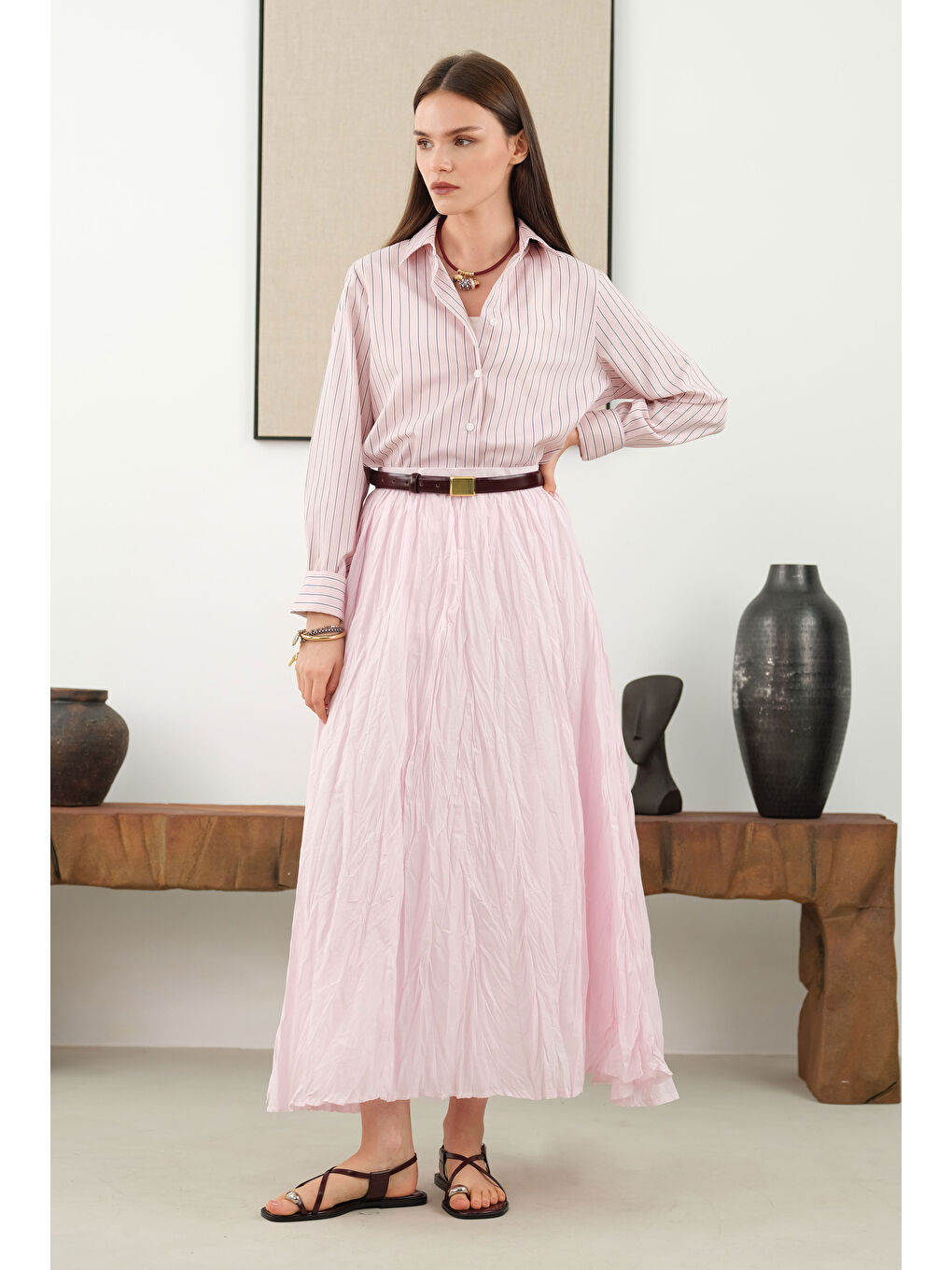 Kraşlı Vual Etek Toz Pembe