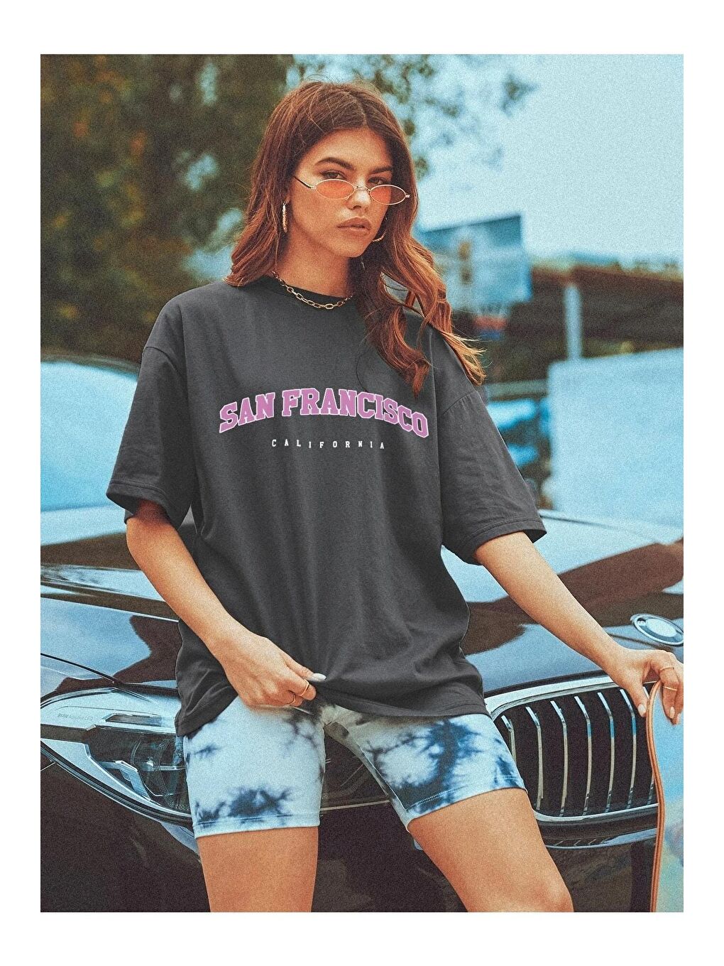 Gri Kadın Füme Filtreli San Francisco Baskılı Oversize Tişört-3