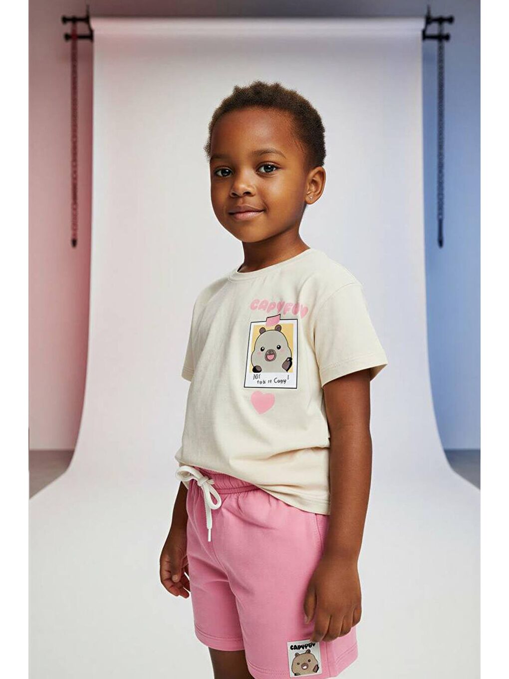 Kız Çocuk Pamuklu Pembe Baskılı T-Shirt Ve Şort 2'Li Takım