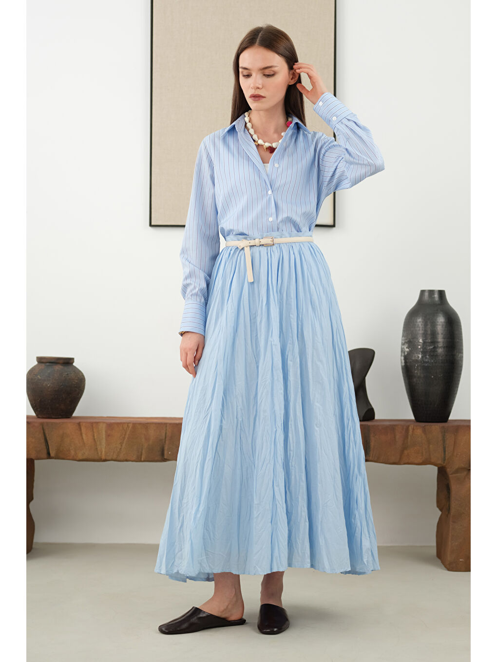 Kraşlı Vual Etek Açık Mavi