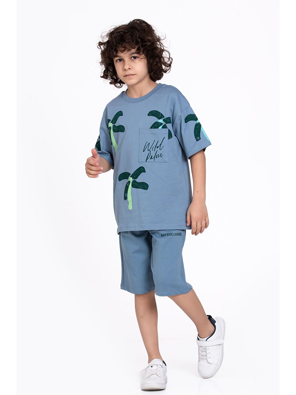 Mavi Wild Palm Baskılı 5-9 Yaş Takım - 2436-2-3