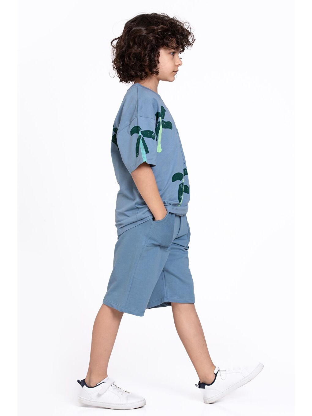 Mavi Wild Palm Baskılı 5-9 Yaş Takım - 2436-2-4