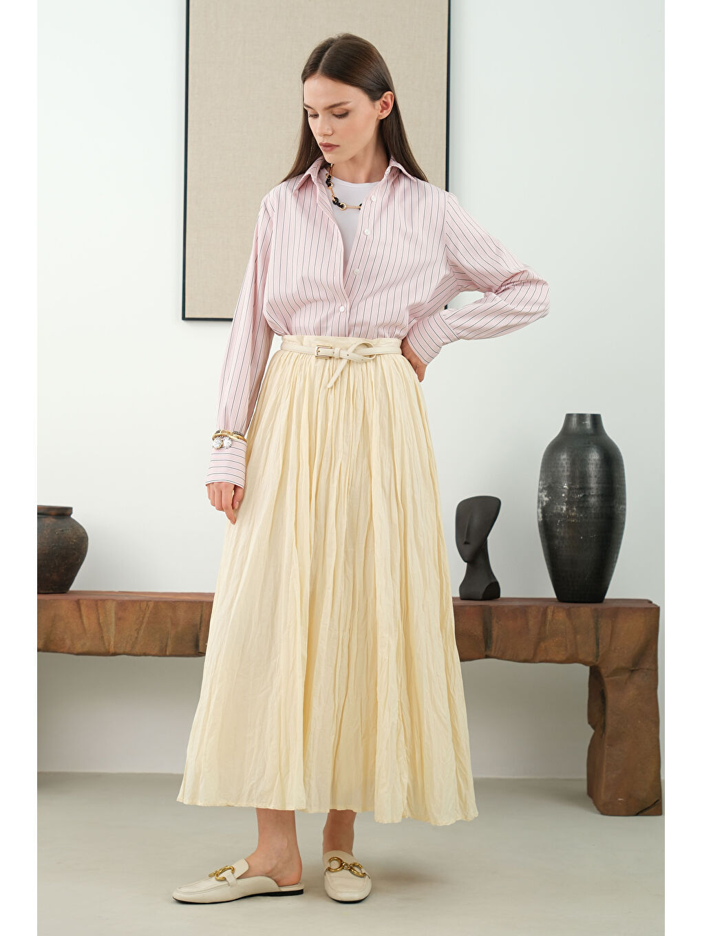 Bej Kraşlı Vual Etek Vanilya-1