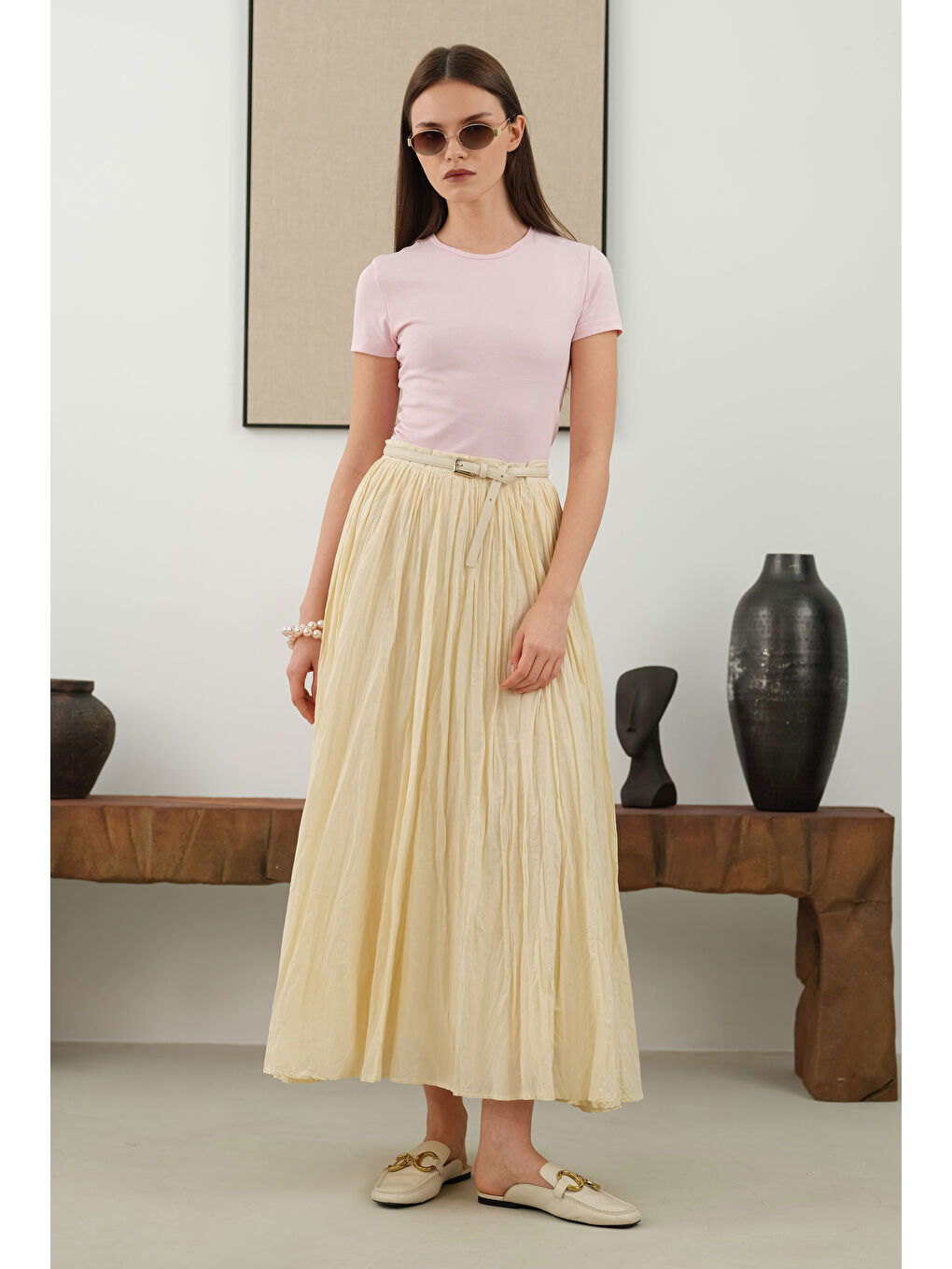 Bej Kraşlı Vual Etek Vanilya-2