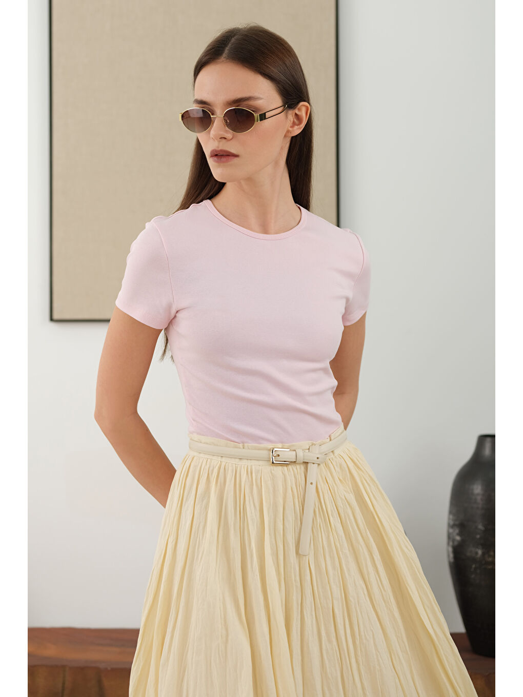 Bej Kraşlı Vual Etek Vanilya-4