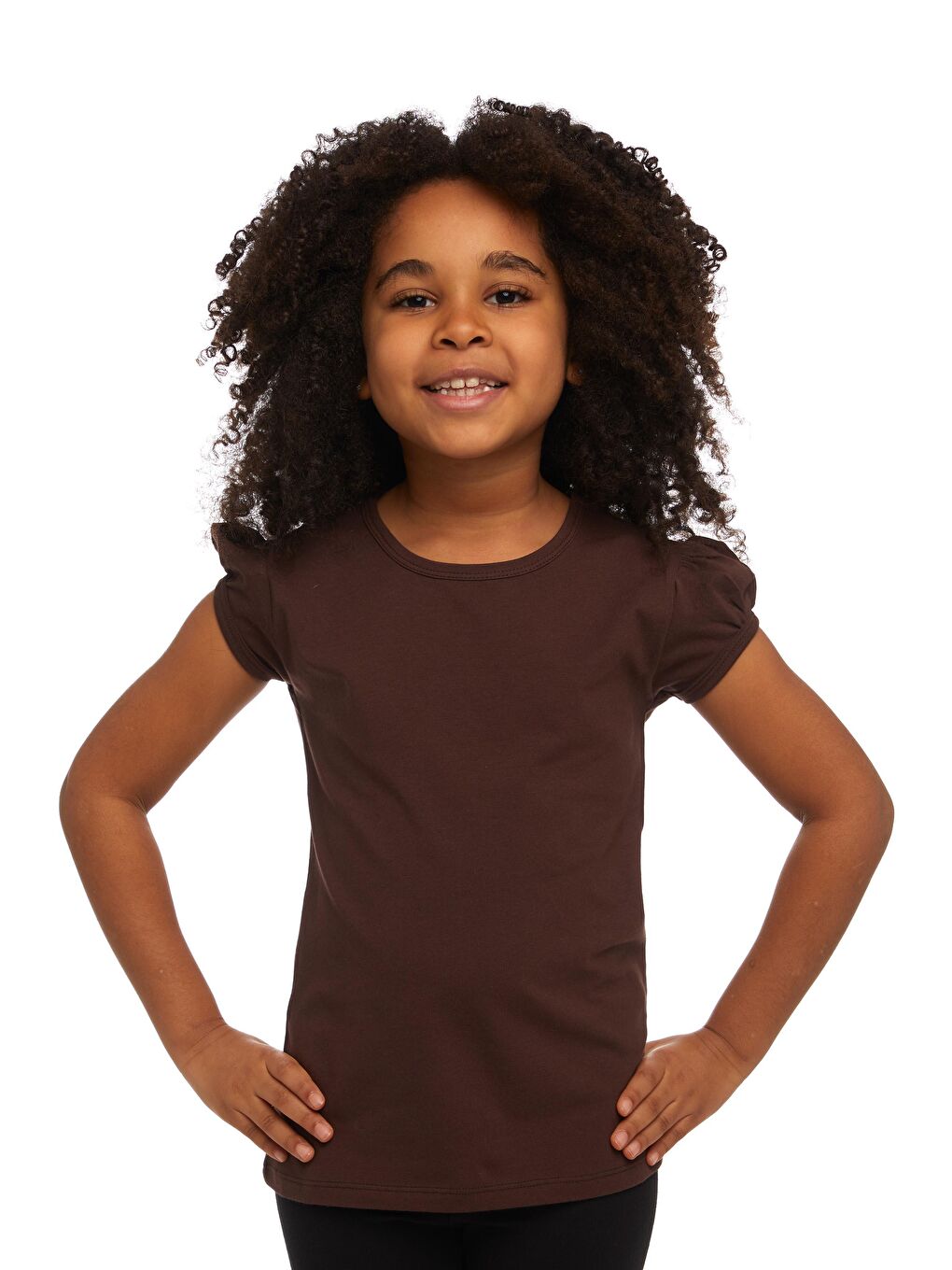 Kahverengi Kız Çocuk Kısa Kollu Basıc Tişört