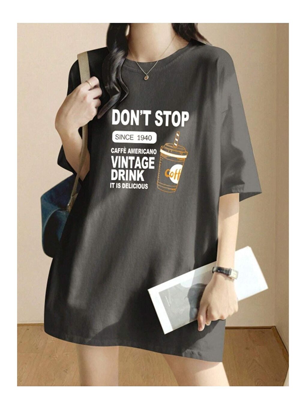 Trendseninle Gri Kadın Füme Vintage Drink Baskılı Oversize Tişört - 2