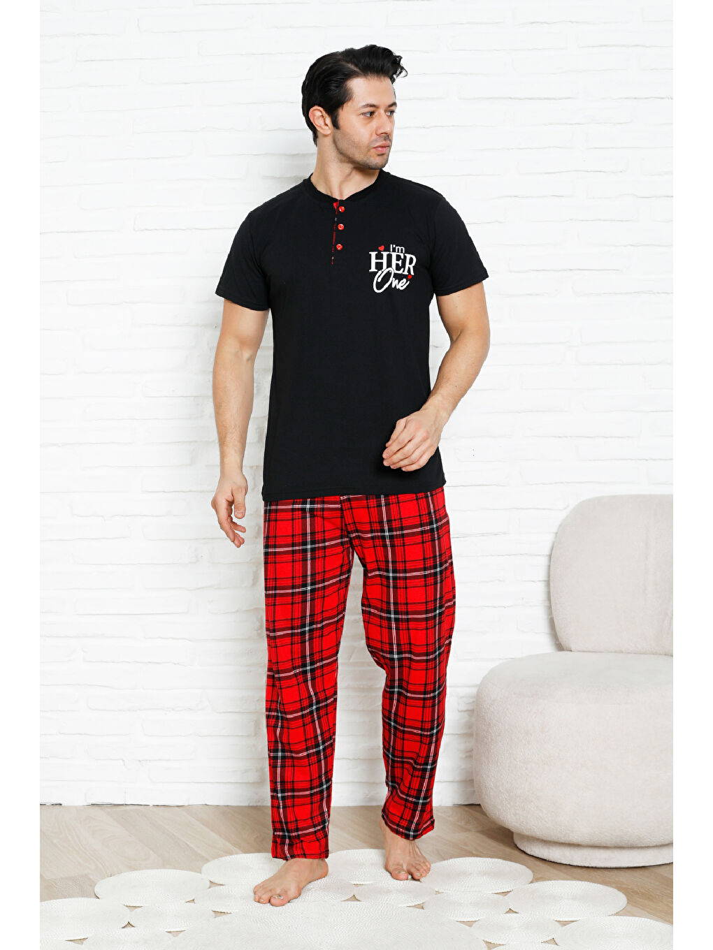 Siyah Erkek Pijama Takımı - Ekose Altlı-3 Düğmeli - %100 Pamuklu 12386