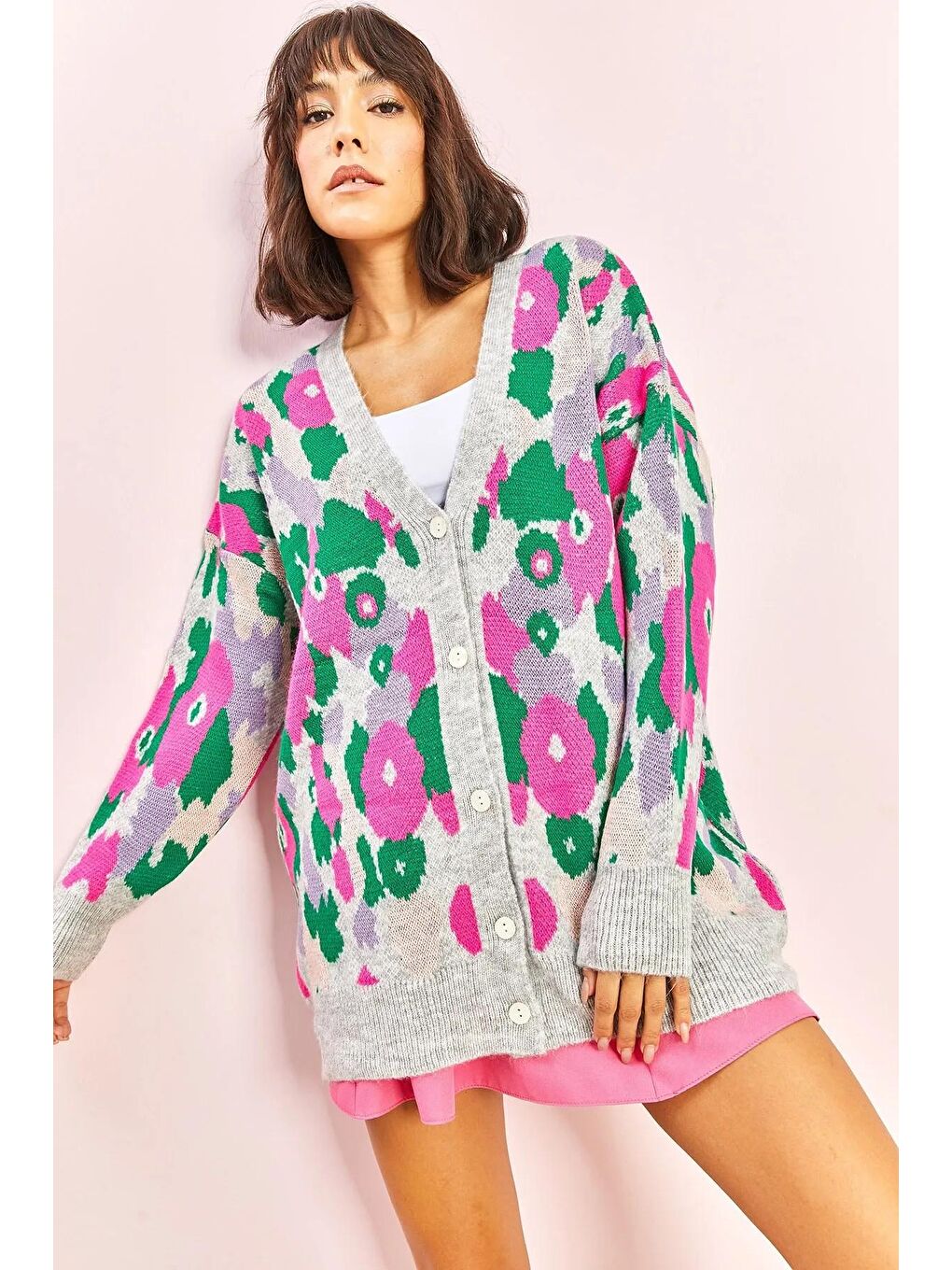 Gri Kadın Büyük Çiçek Desenli Triko Hırka-3