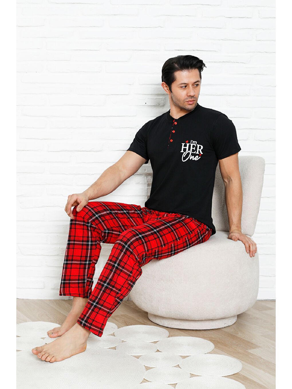 Siyah Erkek Pijama Takımı - Ekose Altlı-3 Düğmeli - %100 Pamuklu 12386-1