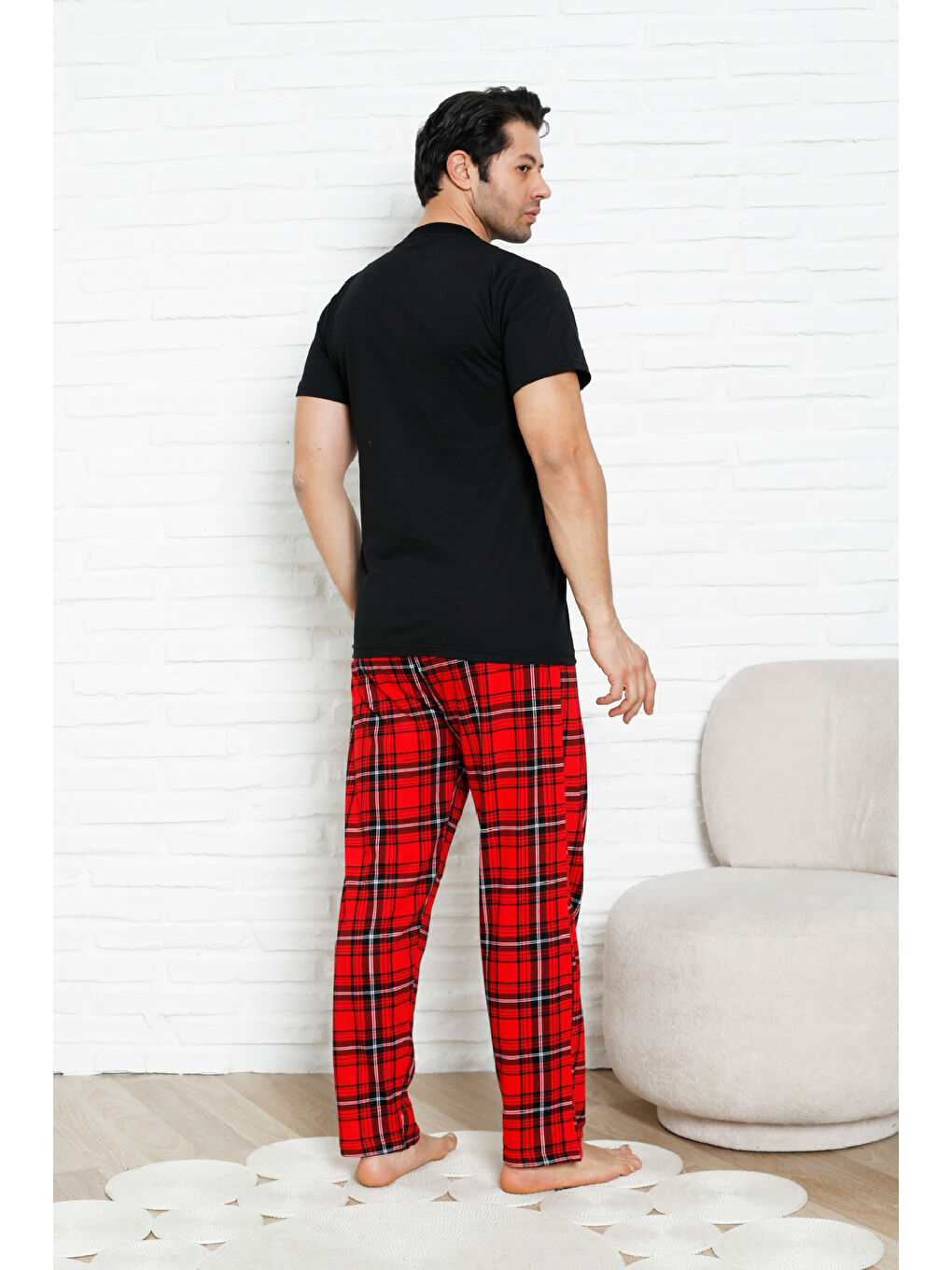 Siyah Erkek Pijama Takımı - Ekose Altlı-3 Düğmeli - %100 Pamuklu 12386-2