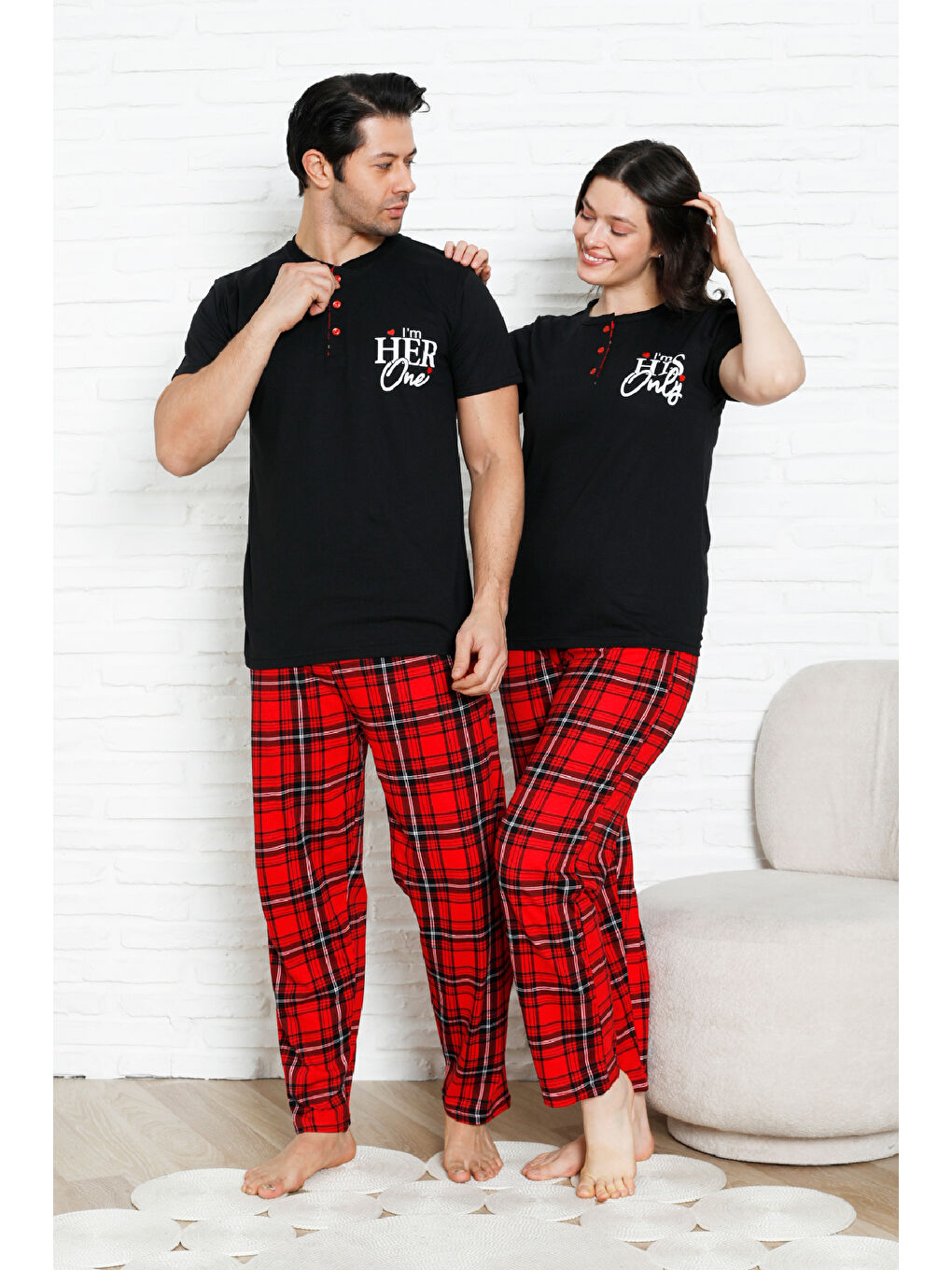 Siyah Erkek Pijama Takımı - Ekose Altlı-3 Düğmeli - %100 Pamuklu 12386-3