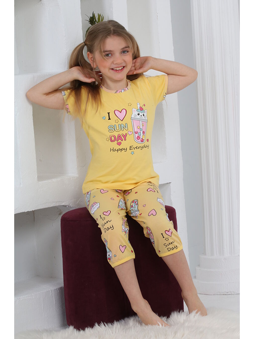 Kapi Kids Sarı Kız Çocuk Kaprili-Baskılı Pijama Takımı 3-11 Yaş Mnx 6083-84