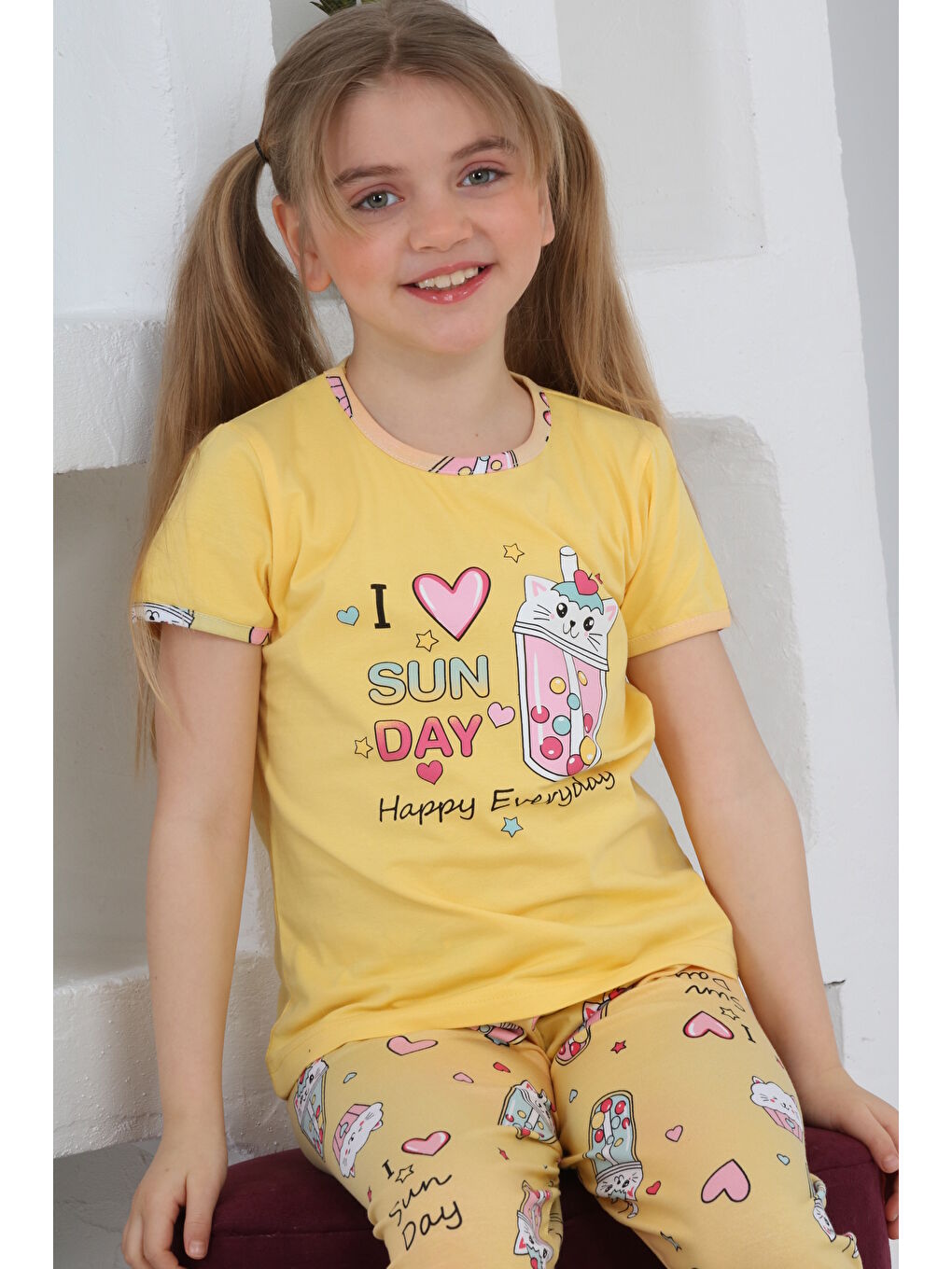 Kapi Kids Sarı Kız Çocuk Kaprili-Baskılı Pijama Takımı 3-11 Yaş Mnx 6083-84 - 1