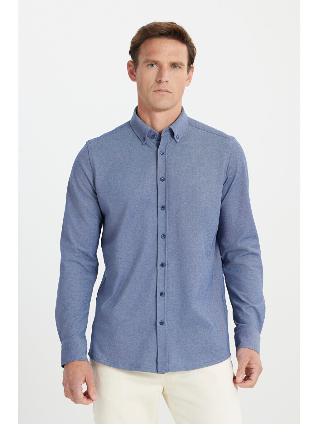 Erkek Lacivert Pamuklu Örme Slim Fit Dar Kesim Düğmeli Yaka Gömlek