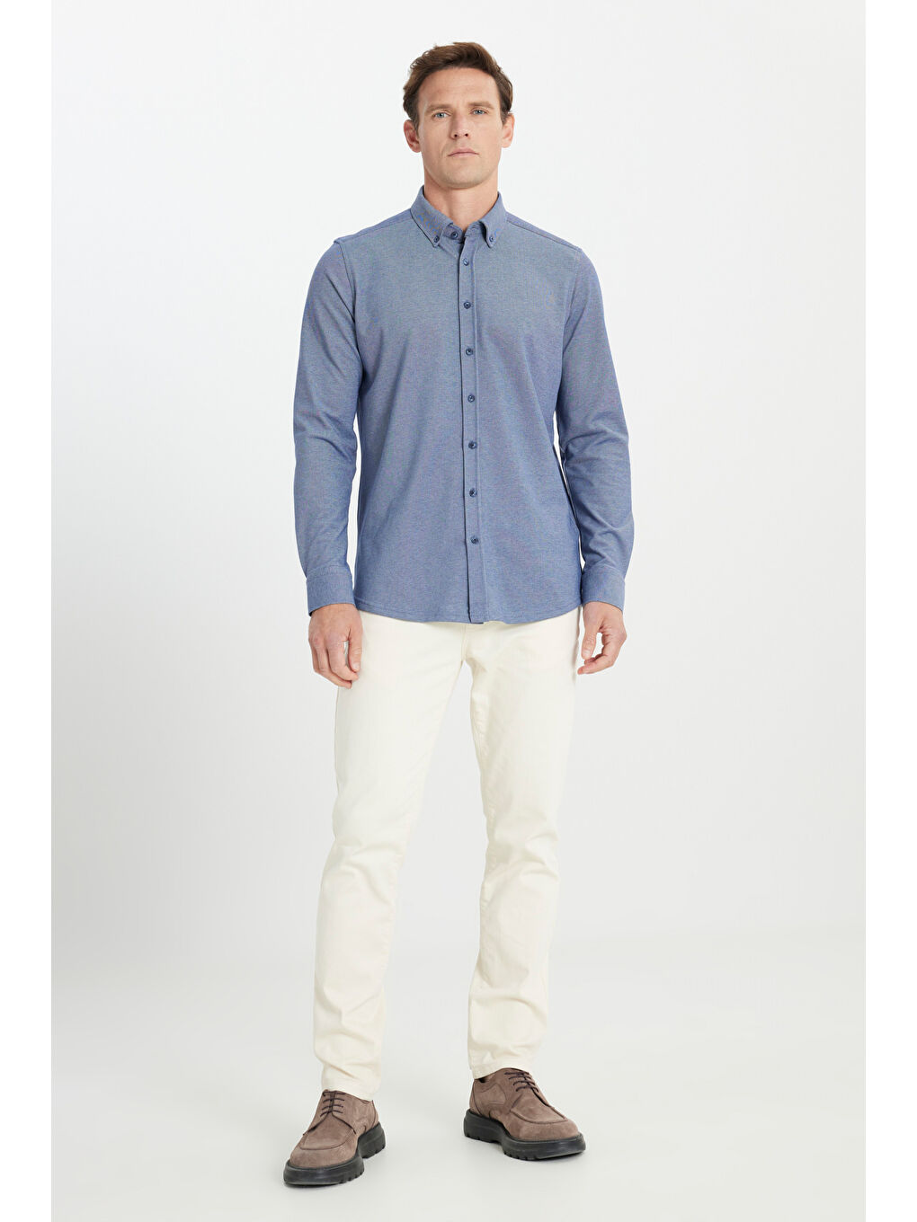 Erkek Lacivert Pamuklu Örme Slim Fit Dar Kesim Düğmeli Yaka Gömlek-1