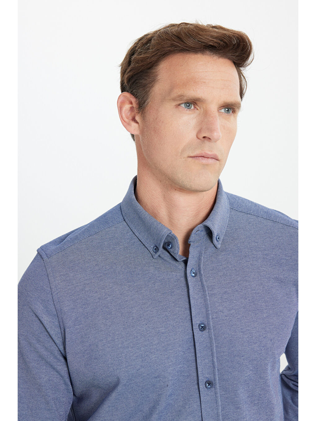 Erkek Lacivert Pamuklu Örme Slim Fit Dar Kesim Düğmeli Yaka Gömlek-3