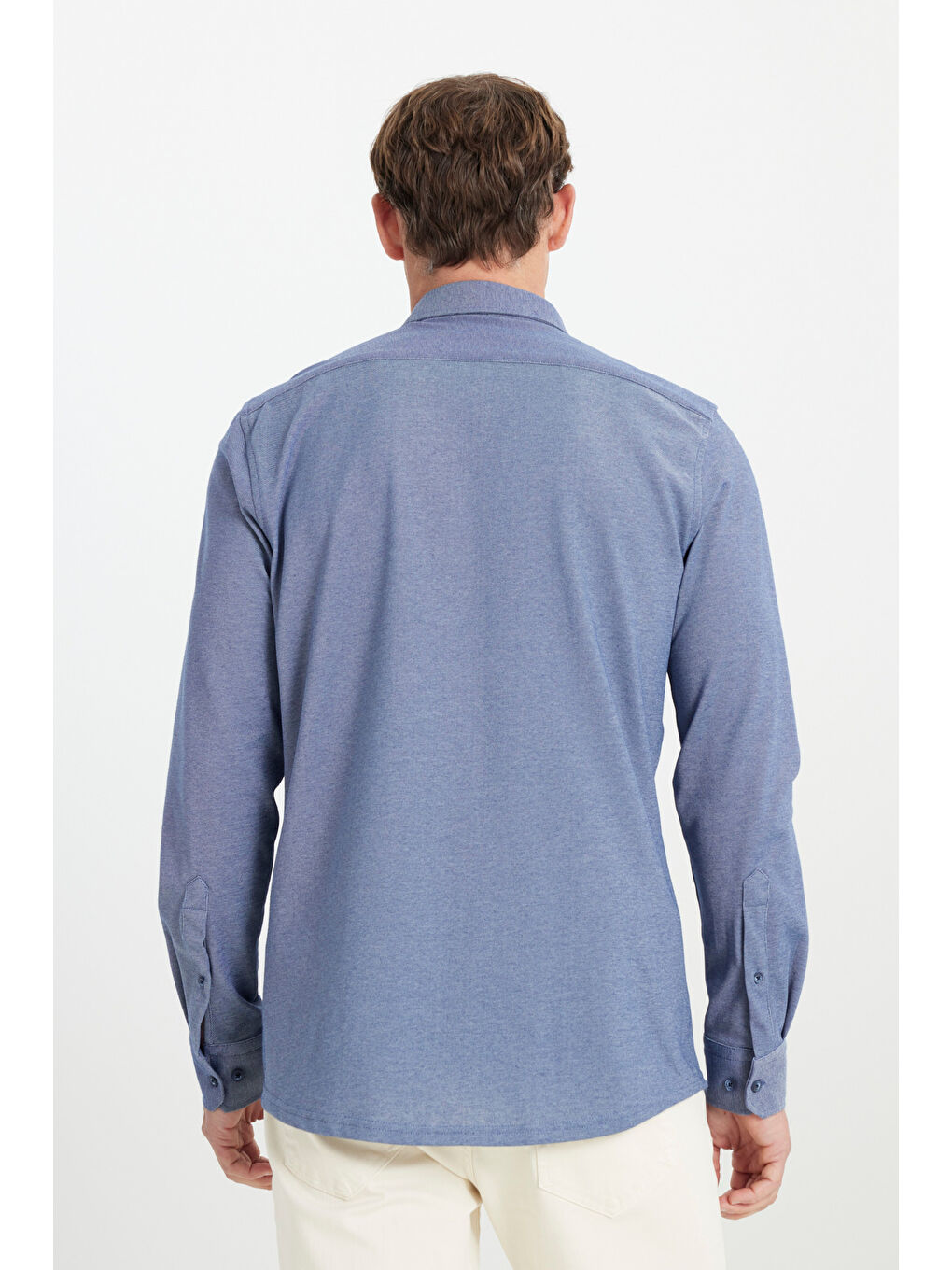 Erkek Lacivert Pamuklu Örme Slim Fit Dar Kesim Düğmeli Yaka Gömlek-4