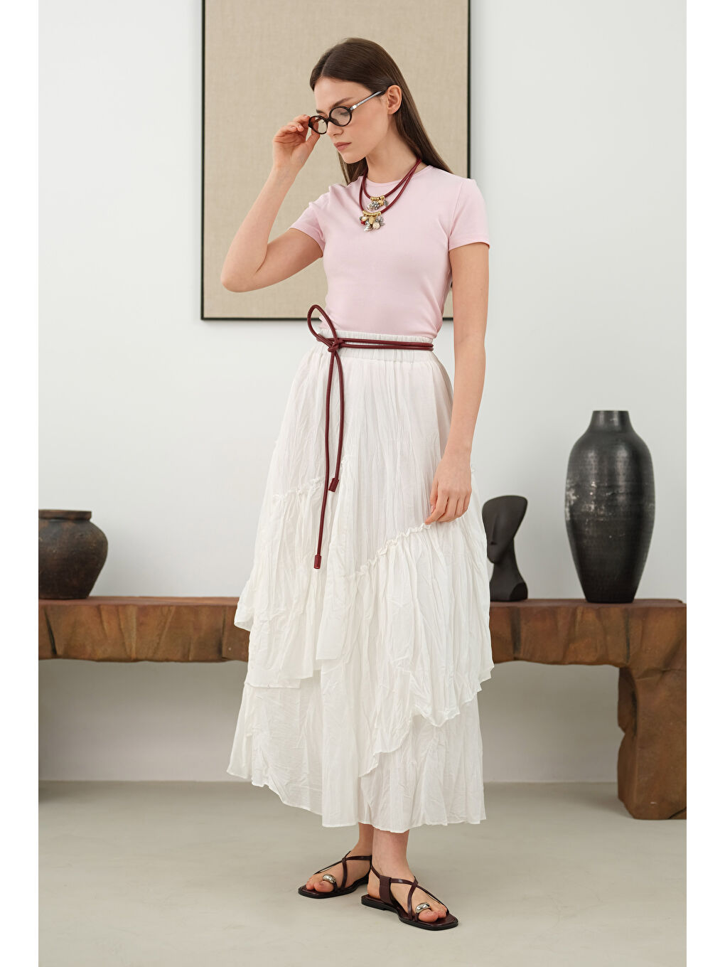 Katlı Bohem Etek Ekru