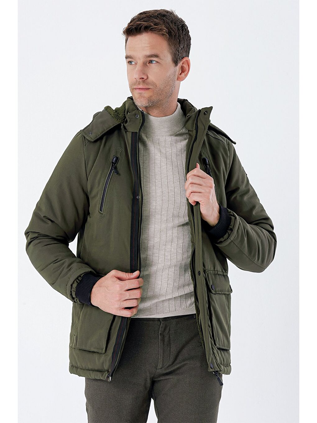 Koyu Haki Kapüşonlu Pamuklu Astarlı Comfort Fit Rahat Kesim Casual Kaban 1008235169