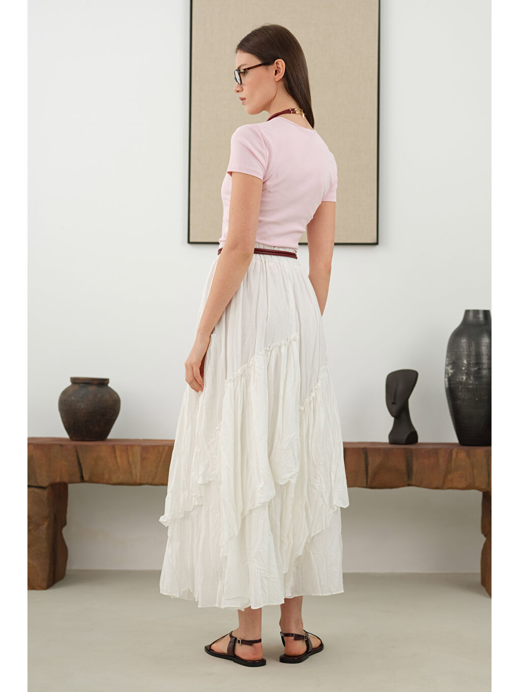 Katlı Bohem Etek Ekru-3
