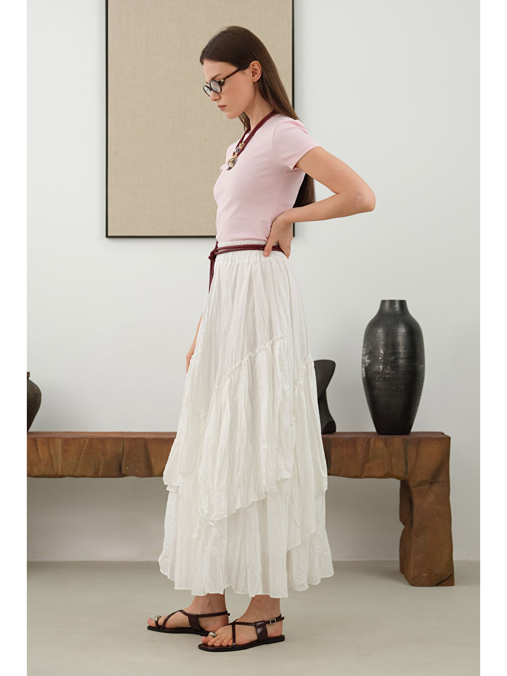 Katlı Bohem Etek Ekru-4