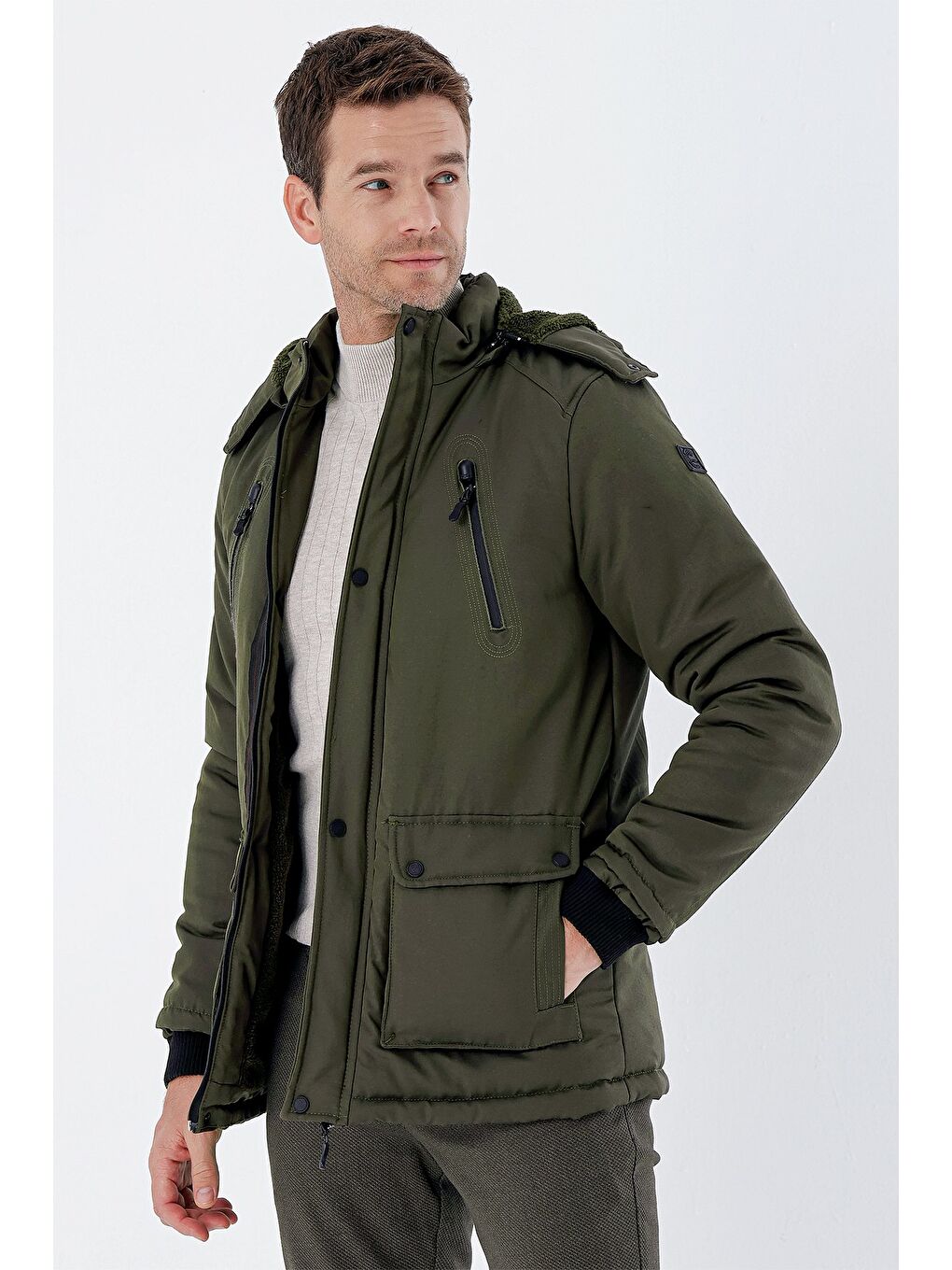 Koyu Haki Kapüşonlu Pamuklu Astarlı Comfort Fit Rahat Kesim Casual Kaban 1008235169-2