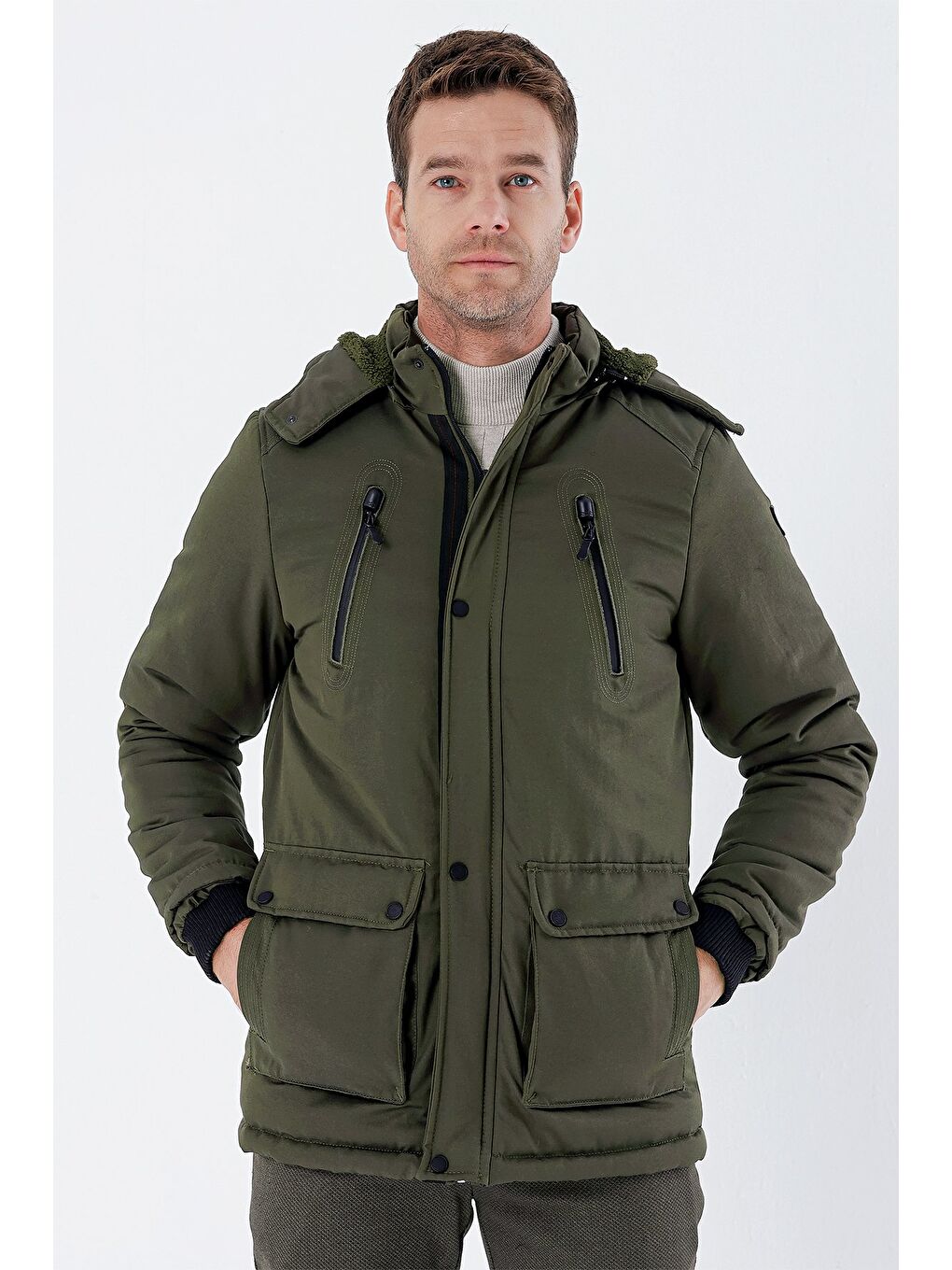 Koyu Haki Kapüşonlu Pamuklu Astarlı Comfort Fit Rahat Kesim Casual Kaban 1008235169-3