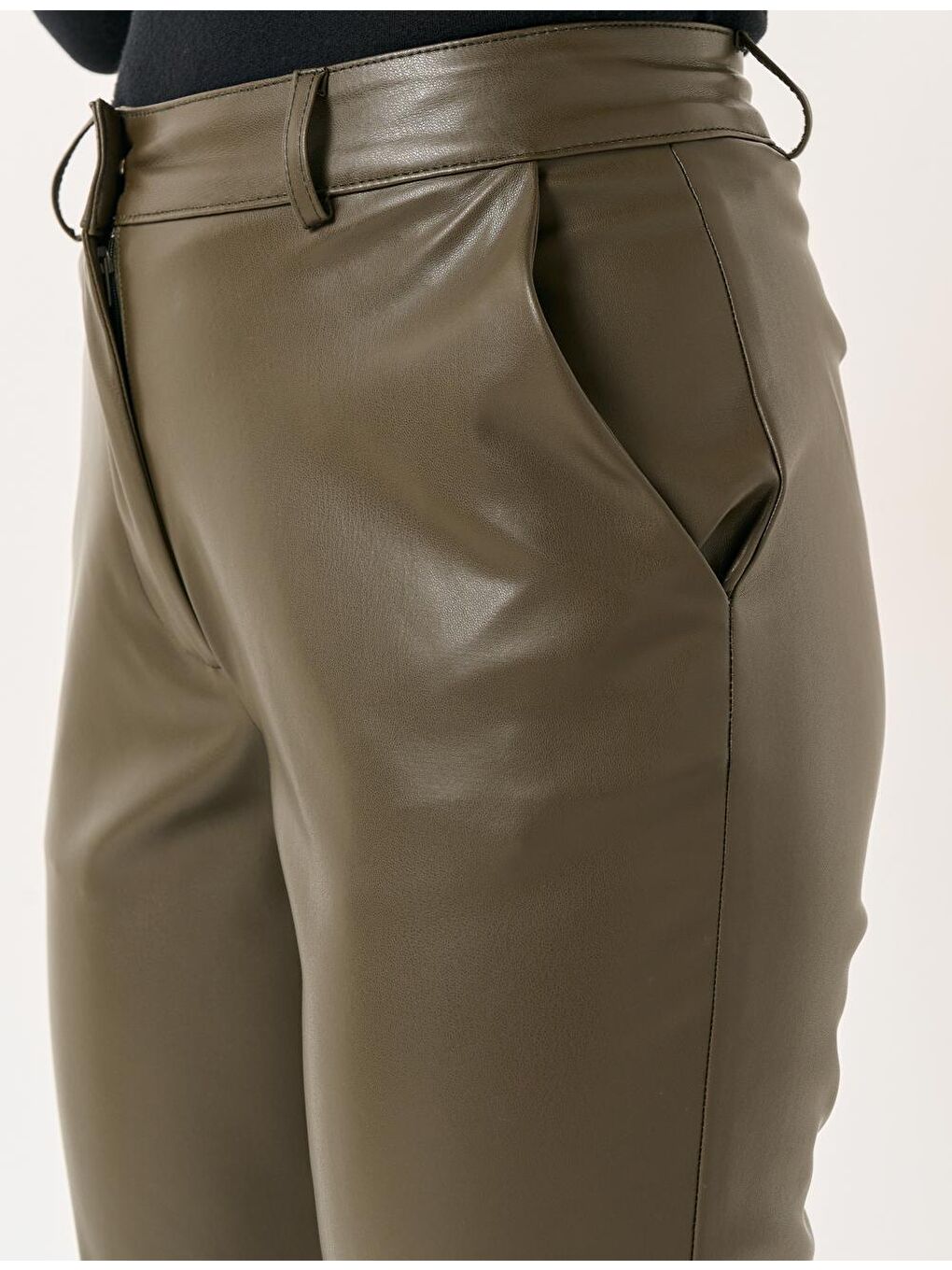 Koyu Haki Yüksek Bel Dar Paça Deri Pantolon-1