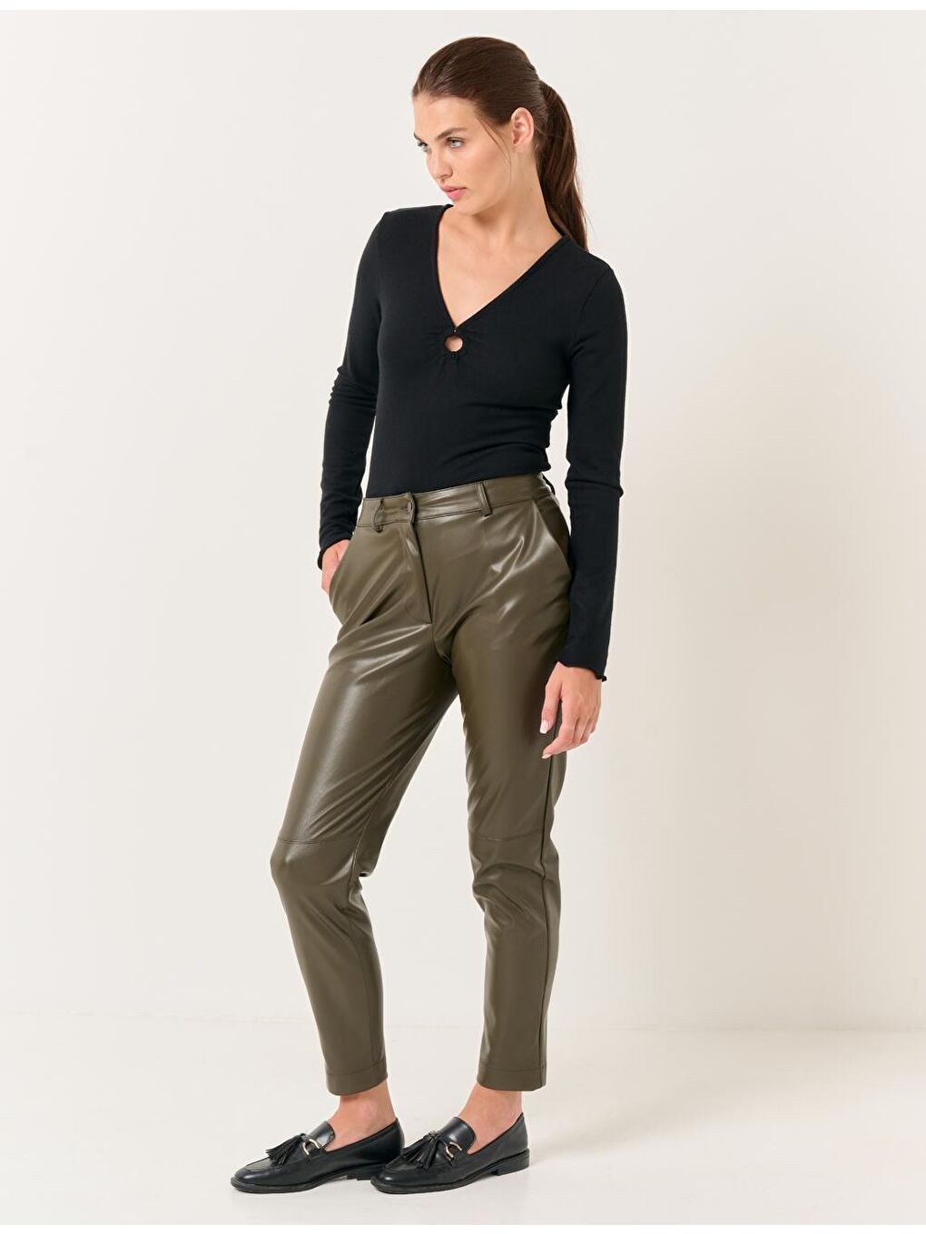 Koyu Haki Yüksek Bel Dar Paça Deri Pantolon-2
