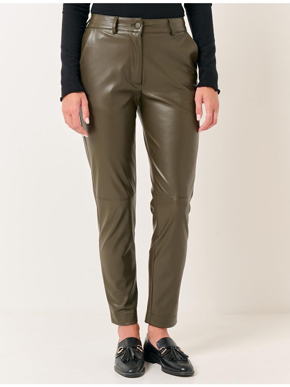 Koyu Haki Yüksek Bel Dar Paça Deri Pantolon-4