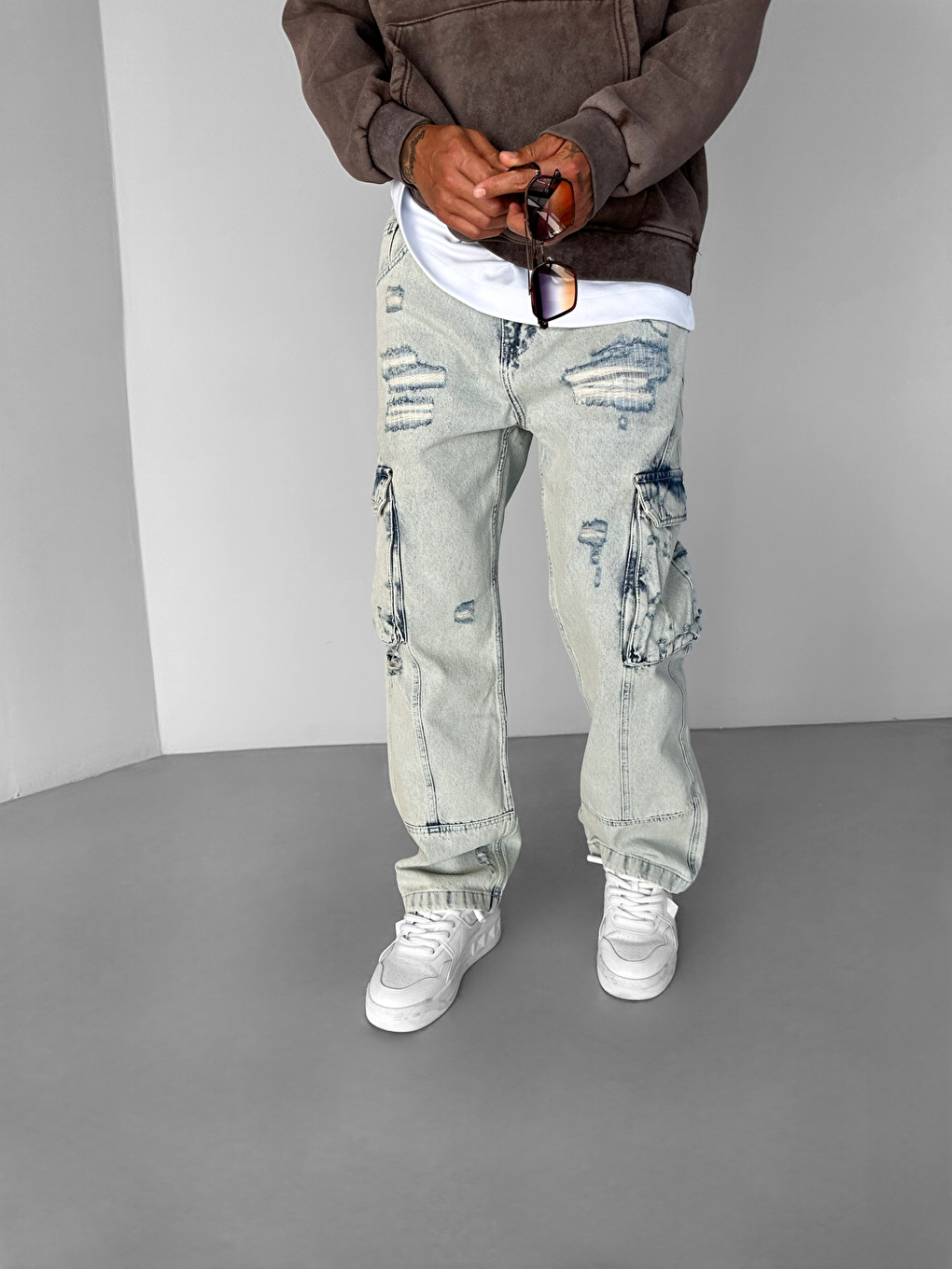 ablukaonline Erkek Baggy Kargo Cepli Distressed Pantolon Jean Açık Mavi