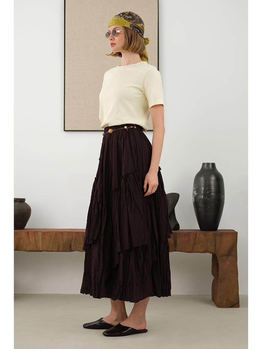 Kahverengi Katlı Bohem Etek Kahve-1