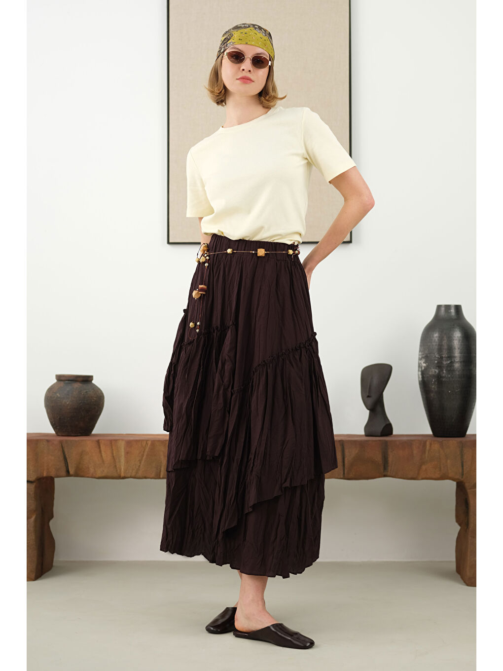 Kahverengi Katlı Bohem Etek Kahve-3