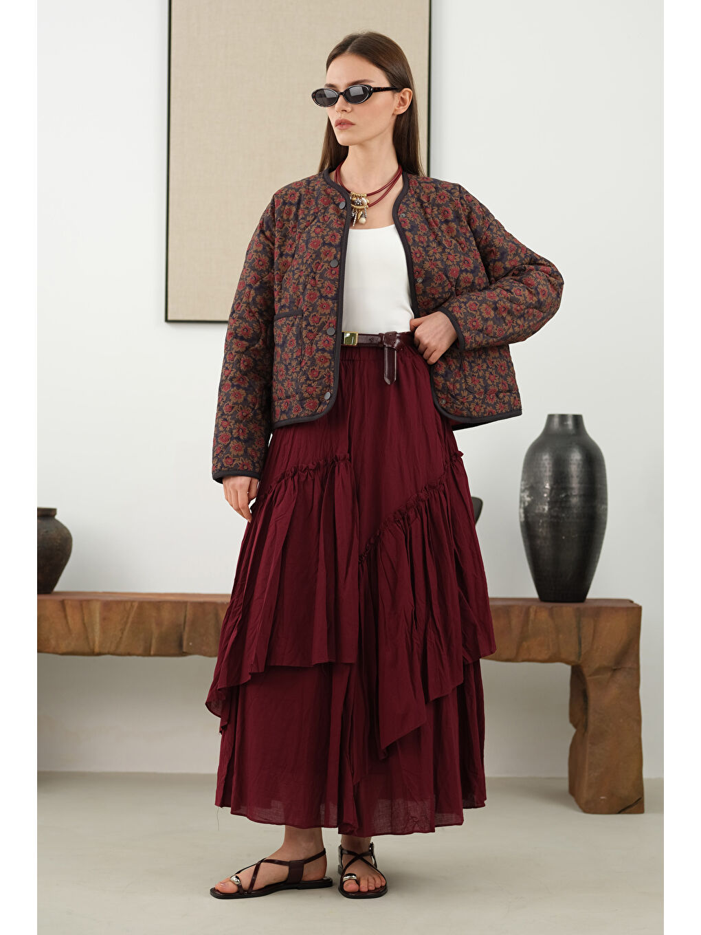 Katlı Bohem Etek Bordo