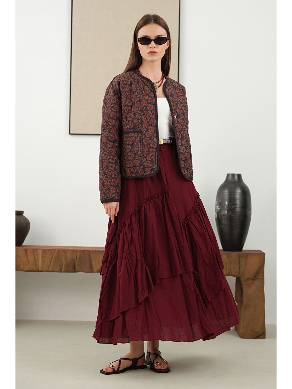 Katlı Bohem Etek Bordo-1
