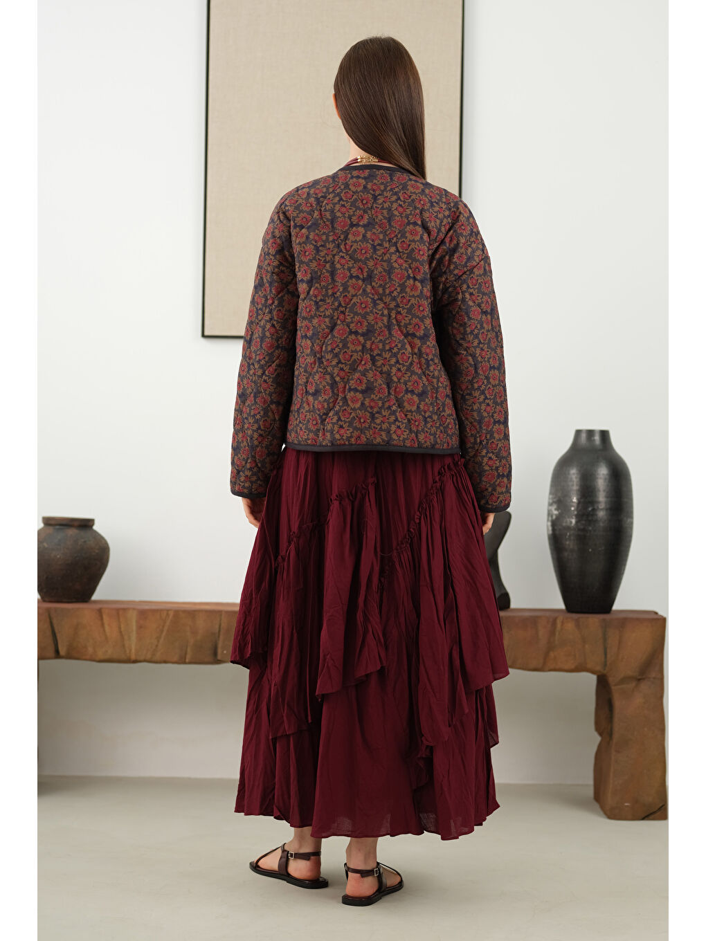 Katlı Bohem Etek Bordo-2