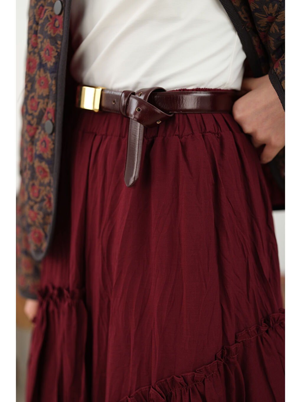 Katlı Bohem Etek Bordo-3