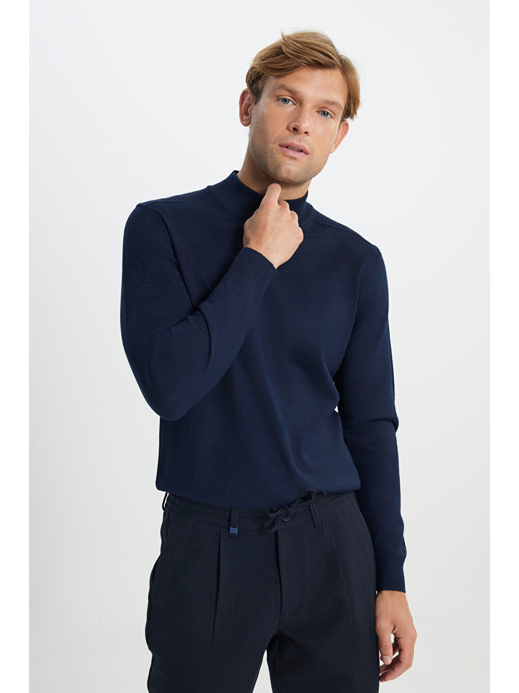 Erkek Lacivert Yünlü Sıcak Tutan Standart Fit Normal Kesim Yarım Balıkçı Yaka Triko Kazak-2