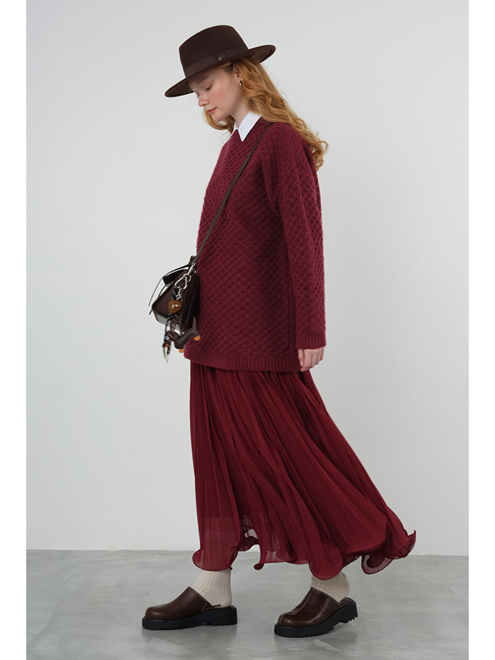 Etek Ucu Detaylı Pilisoley Etek Bordo-2