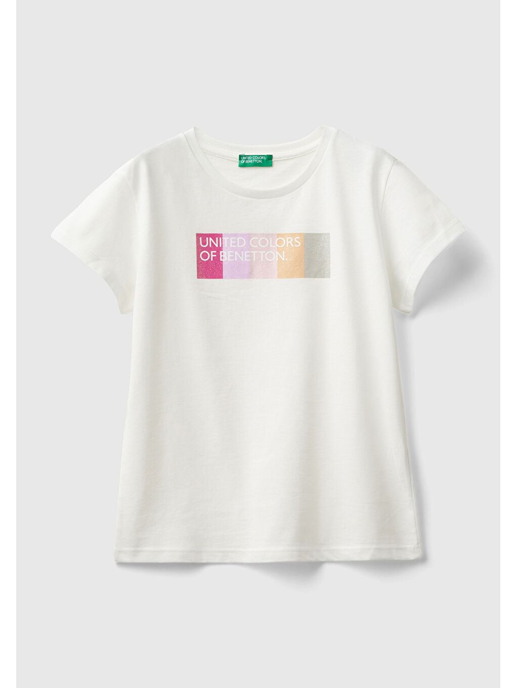 United Colors Of Benetton Beyaz Kız Çocuk Beyaz Önü Parlak Logo Baskılı Bisiklet Yaka Kısa Kollu T-Shirt