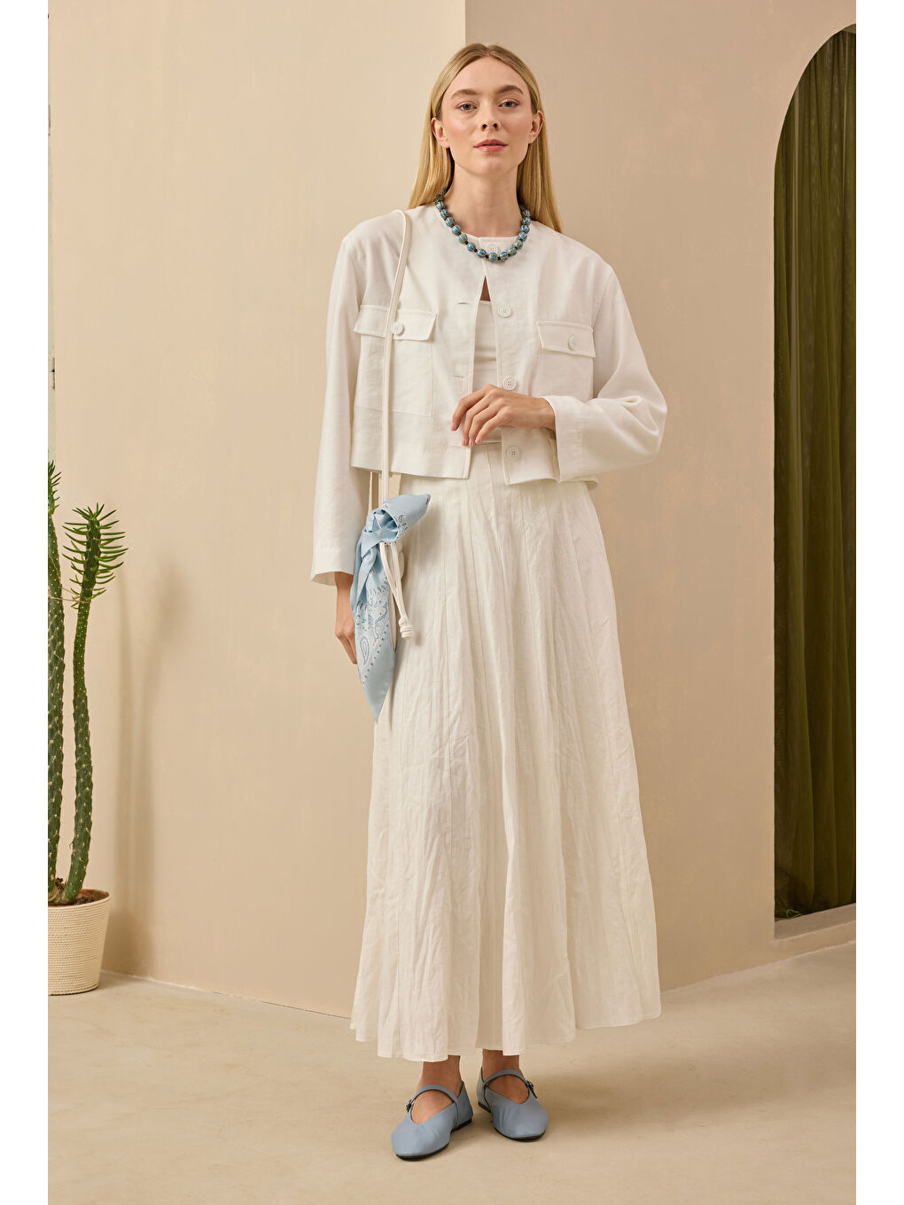 Parçalı Keten Etek Ekru