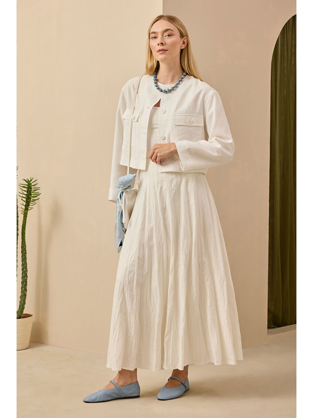 Parçalı Keten Etek Ekru-1