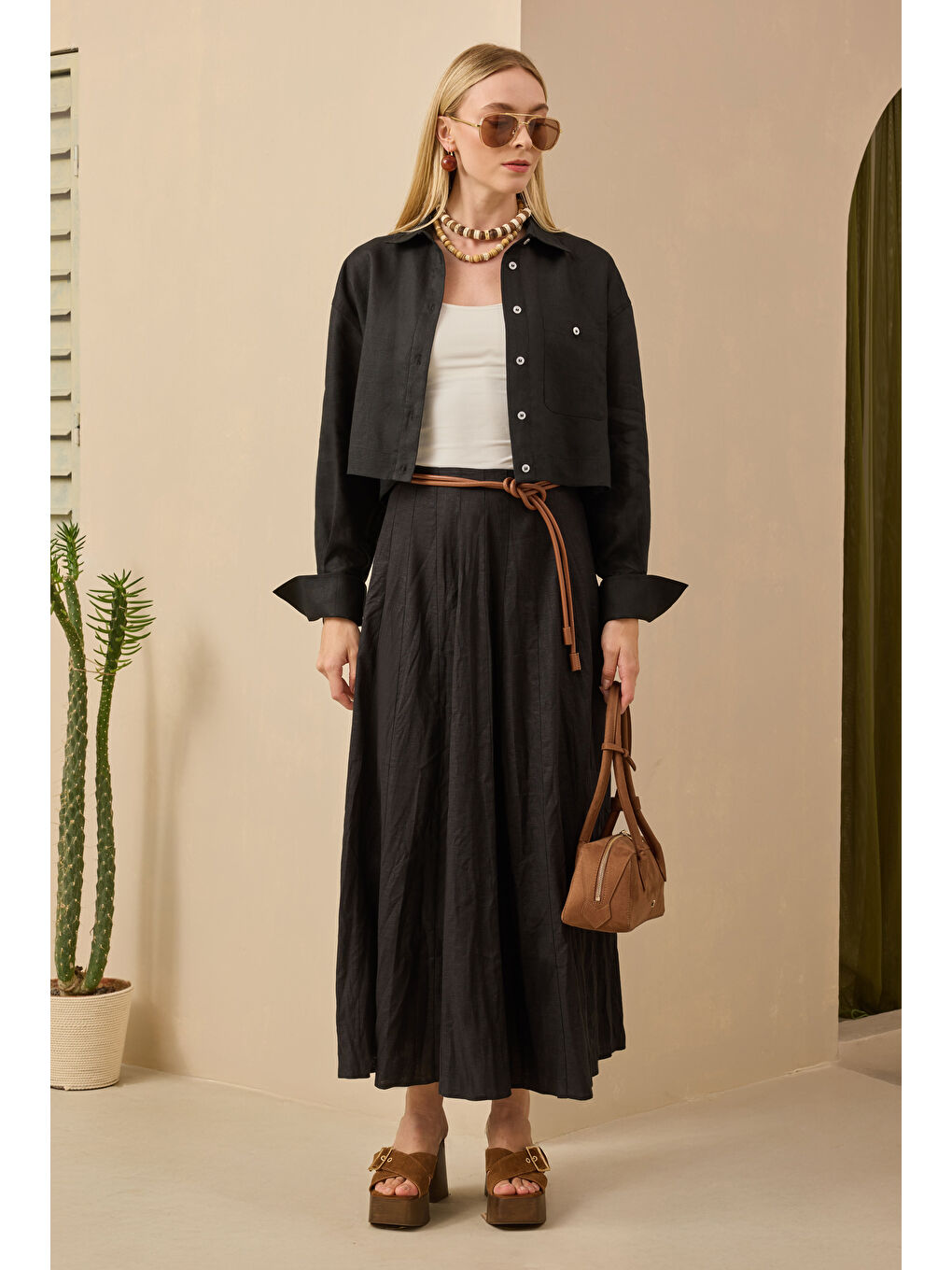 Parçalı Keten Etek Siyah