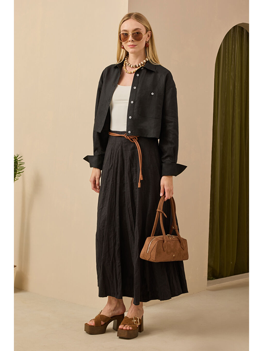 Parçalı Keten Etek Siyah-1