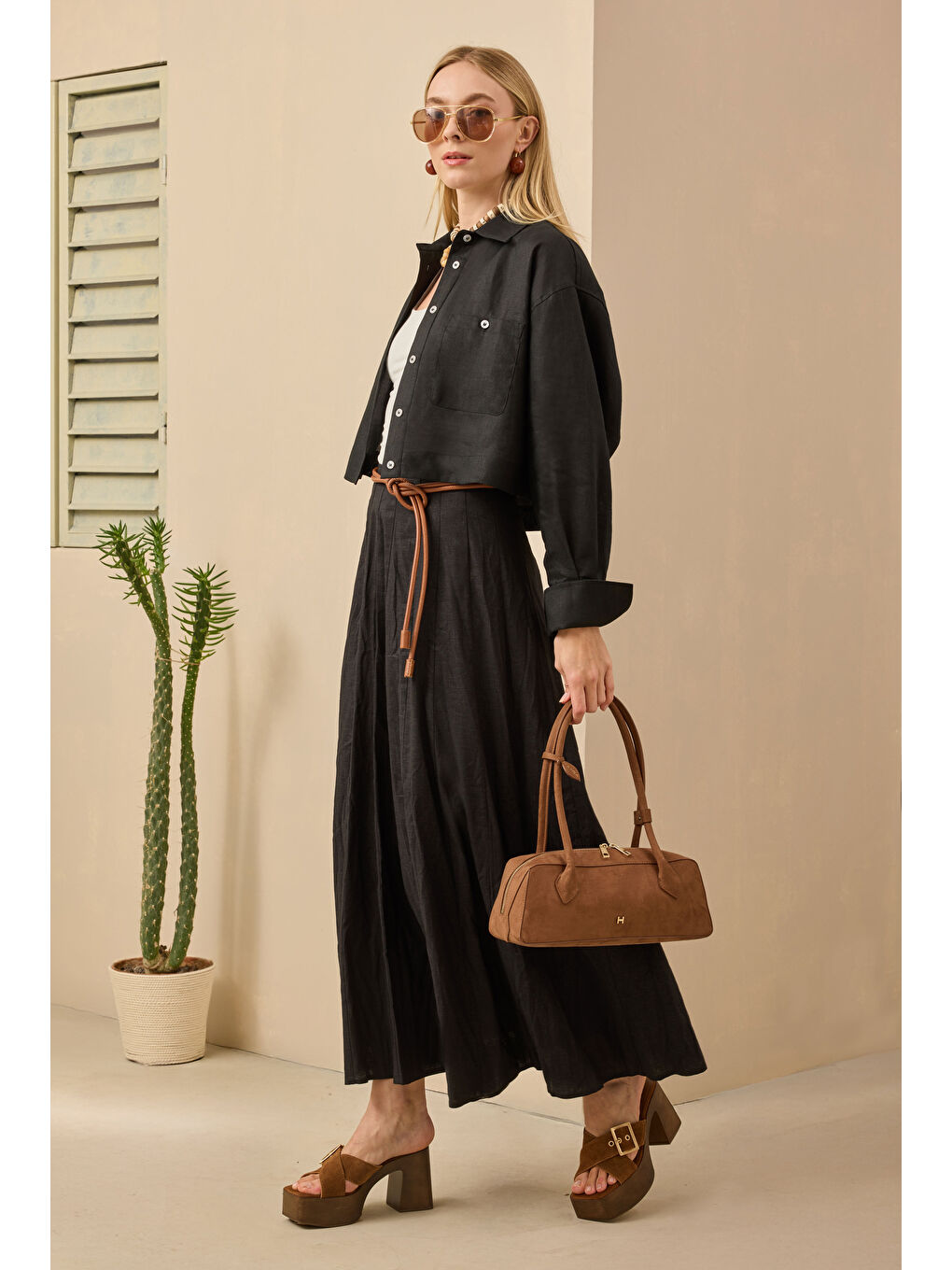 Parçalı Keten Etek Siyah-2
